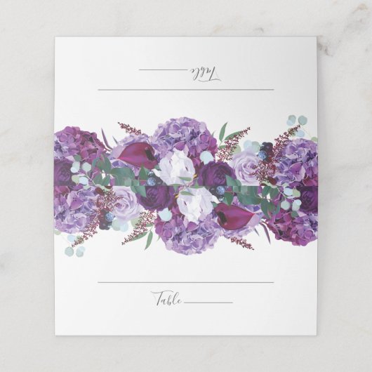 Elegante Lila Blumengrün Hochzeitsschrift Platzkarte (Außenseite Aufgefaltet)