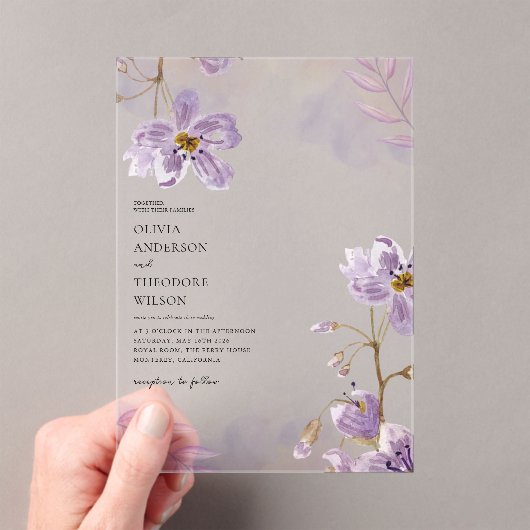 Elegante Lila Blumenhochzeit Acryleinladungen (Insitu (Handheld))