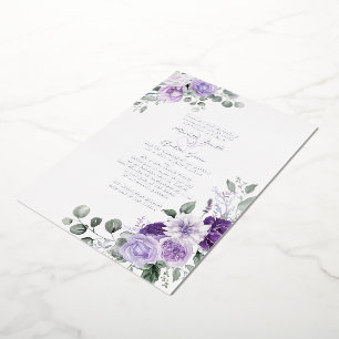 Elegante lila Blumenhochzeit Silber Folieneinladung