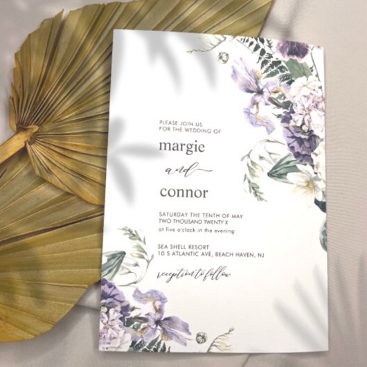 Elegante Lila Blumenkalligraphie Hochzeit Einladung