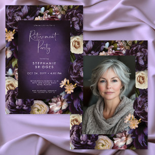 Elegante lila Blumenrahmen-Foto-Ruhestandsfeier Einladung