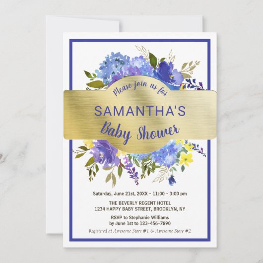 Elegante Lila Blütengoldbannerdusche Einladung (Vorderseite)