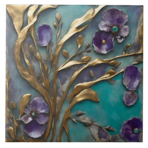 Elegante lila Blütenkunst auf goldenem Metallzweig Fliese