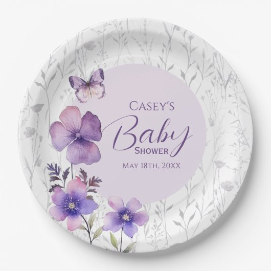 Elegante Lila Blütenschmetterling Girl Babydusche Pappteller (Vorderseite)