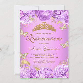 Elegante Lila Blütenschmetterlinge Quinceanera Einladung