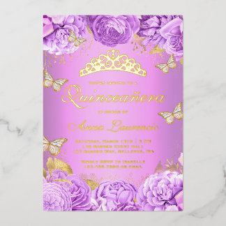 Elegante Lila Blütenschmetterlinge Quinceanera Folieneinladung
