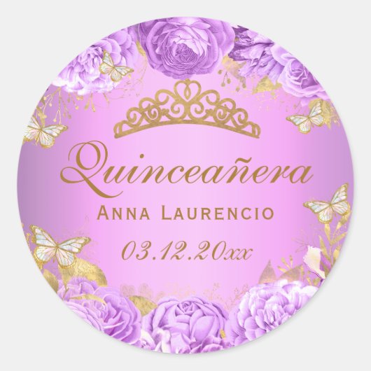 Elegante Lila Blütenschmetterlinge Quinceanera Runder Aufkleber (Vorderseite)