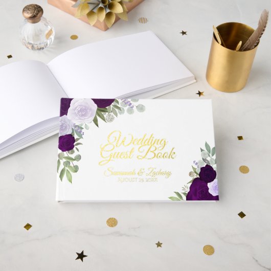 Elegante Lila Boho Chic Rose Kleine Hochzeit Gästebuch (Vorderseite Offen)
