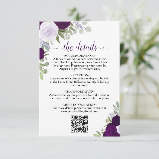 Elegante Lila Boho-Rose Hochzeitdetails QR-Code Begleitkarte (Stehend Vorderseite)