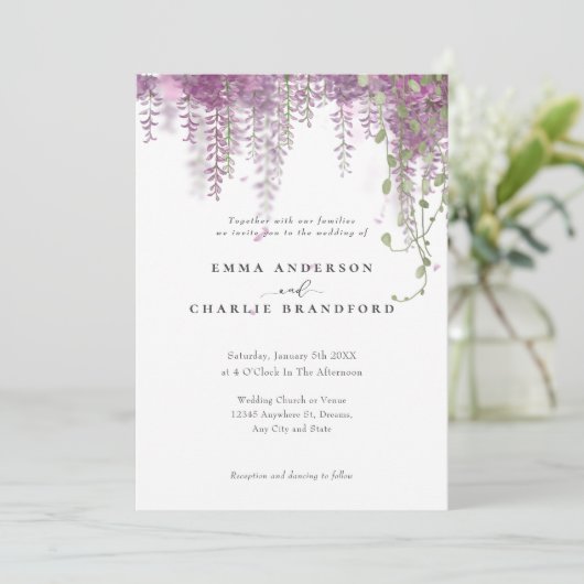 Elegante Lila botanische Blume Script Wedding Einladung (Stehend Vorderseite)