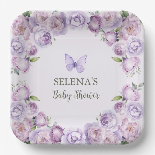 Elegante Lila Butterfly Baby-Dusche Pappteller (Vorderseite)