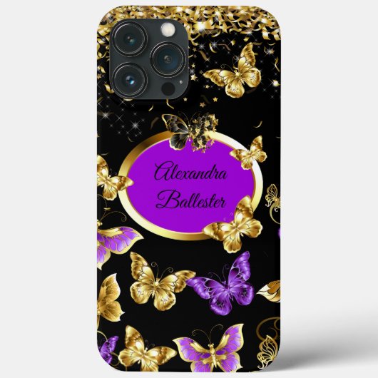 Elegante Lila Butterfly Gold Confetti Black Case-Mate iPhone Hülle (Rückseite)