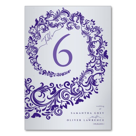 Elegante Lila Damask-Hochzeitskarte Tischnummer (Vorderseite)