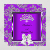 Elegante Lila Damask Silver Geburtstagsparty Einladung (Vorne/Hinten)