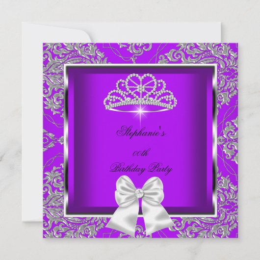 Elegante Lila Damask Silver Geburtstagsparty Einladung (Vorderseite)