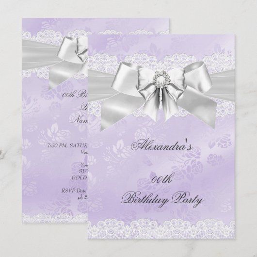 Elegante Lila Damask Silver White Birthday Party Einladung (Vorne/Hinten)