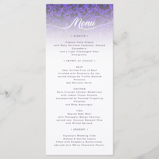Elegante Lila Damask Wedding Menu Card Menükarte (Vorderseite)