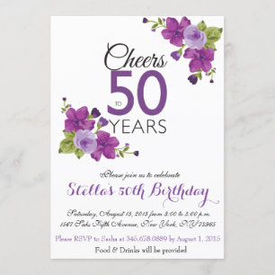 Elegante lila Farben-Blumen-50. Geburtstag laden Einladung