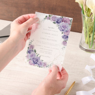 Elegante lila Flieder Lavendel Rosen Hochzeit Pergament Einladungen