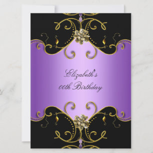 Elegante lila Flieder Schwarz Gold Blumen Geburtst Einladung