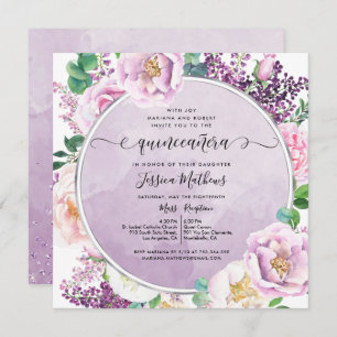 Elegante Lila Flora, Aquarellfarben Quinceñera Einladung