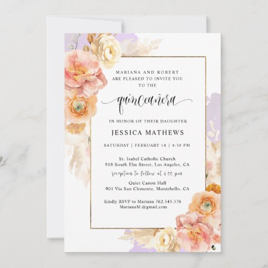 Elegante, Lila Flora und Aquarellfarben Quinceñera Einladung (Vorderseite)