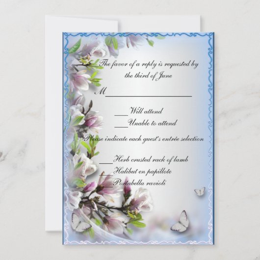 Elegante Lila Flora und Butterfly-Antwortkarte Einladung (Vorderseite)