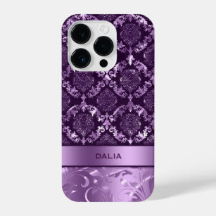 Elegante Lila Floral Damask Metallische Textur iPhone 14 Pro Hülle