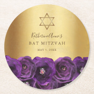 Elegante lila florale Bat-Mizwa mit Gold Runder Pappuntersetzer