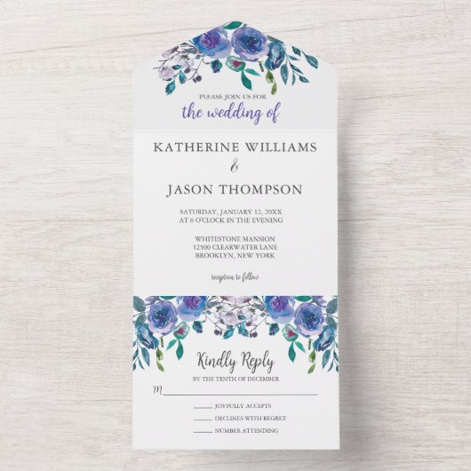 Elegante Lila florale Moderne Winterhochzeit All In One Einladung (Innen Boden)