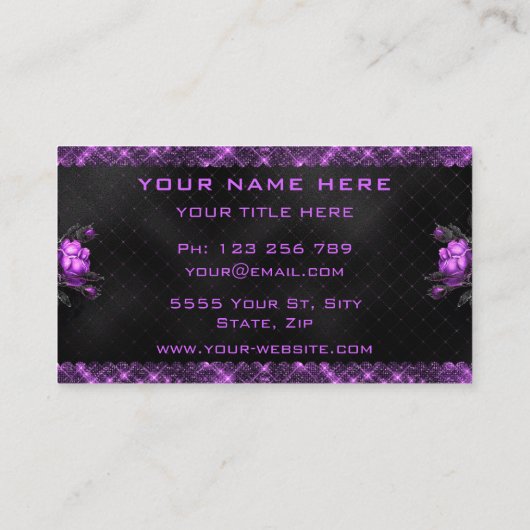 Elegante lila Flowers Glitzer Black Business Card Visitenkarte (Rückseite)