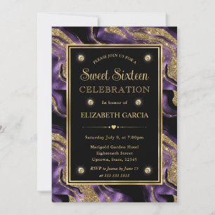 Elegante Lila Folie & Gold Glitter Achat Sweet 16 Einladung
