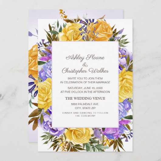 Elegante Lila-gelbe Blumenhochzeit Einladung (Vorne/Hinten)