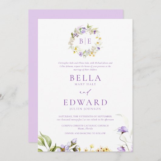 Elegante Lila-gelbe Blütenfeier Einladung (Vorne/Hinten)