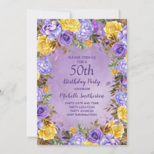Elegante lila-gelbe Rosen Pfingstrosen 50. Geburts Einladung