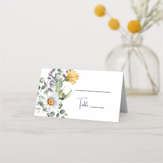 Elegante Lila-Gelbe Wildblume Hochzeit Platzkarte