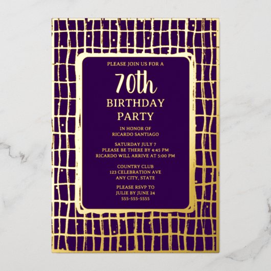 Elegante Lila Gold 70. Custom Birthday Party Folieneinladung (Vorderseite)