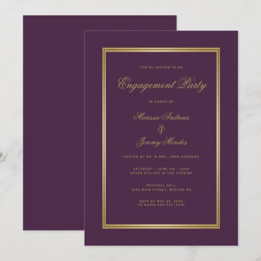 Elegante Lila Gold-Script-Engagement-Partei Einladung (Vorne/Hinten)
