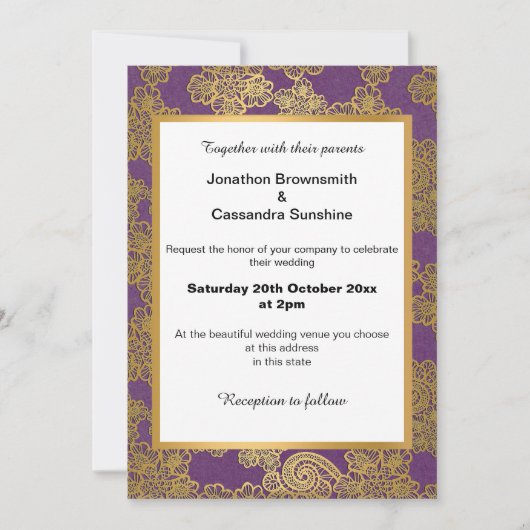 ELEGANTE LILA GOLD WEISSE LACE WEDING EINLADUNG (Vorderseite)