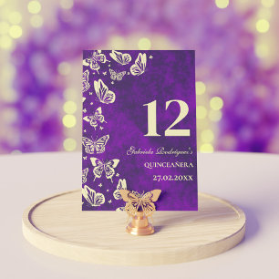 Elegante Lila Goldbarmherzigkeit Quinceñera Sitzpl Tischnummer