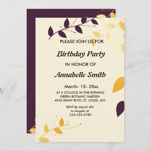 Elegante Lila Golden Blätter Geburtstagsparty Einladung (Vorne/Hinten)