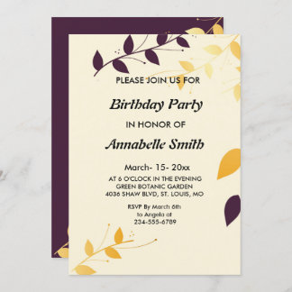 Elegante Lila Golden Blätter Geburtstagsparty Einladung
