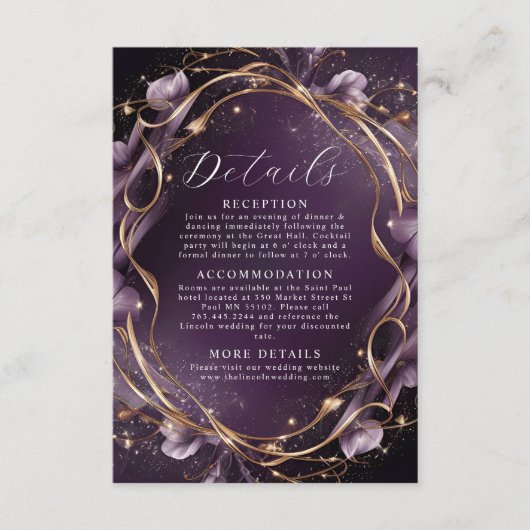 Elegante Lila Golden Floral Frame Wedding Begleitkarte (Vorderseite)