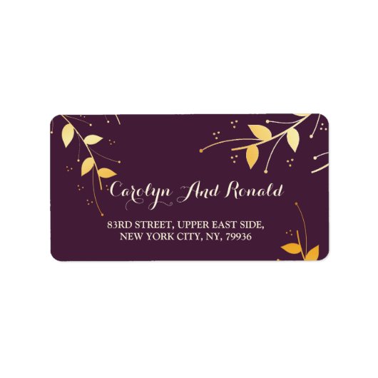 Elegante Lila Goldene Blätter Adressaufkleber (Vorne)