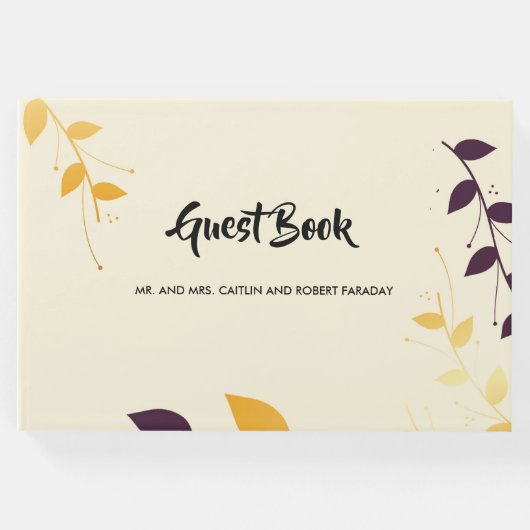 Elegante Lila Goldene Blätter Gästebuch (Vorderseite)