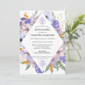 Elegante Lila Goldene Flora Einladung (Stehend Vorderseite)