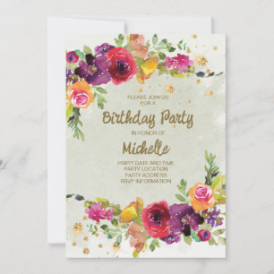 Elegante lila-goldene Glitter-Blumen-Geburtstags Einladung