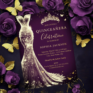 Elegante lila-goldene Schmetterlings-Quinceanera Folieneinladung