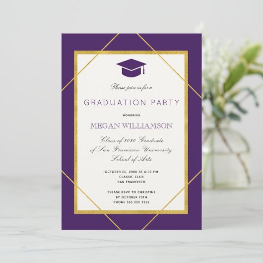 Elegante lila Goldskriptionspartei Einladung (Stehend Vorderseite)