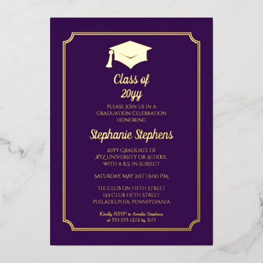 Elegante Lila Graduiertenparty Gold Folieneinladung (Vorderseite)